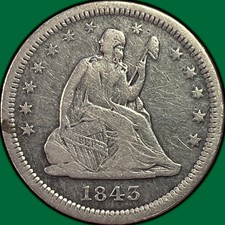 1843-O Seated Liberty Quarter Very Fine VF Coin, Cleaned #44030