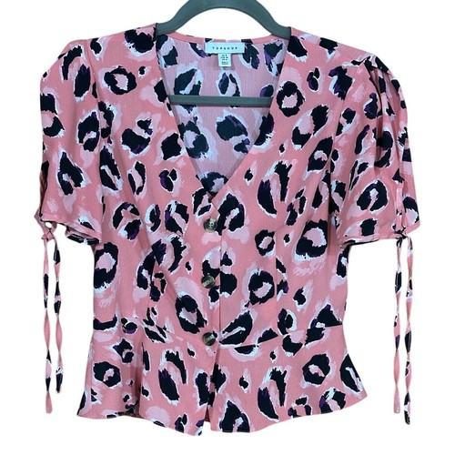 Topshop Pink Leopard Print Blouse Size US 4 Button Front Tie Sleeve Waist Detail