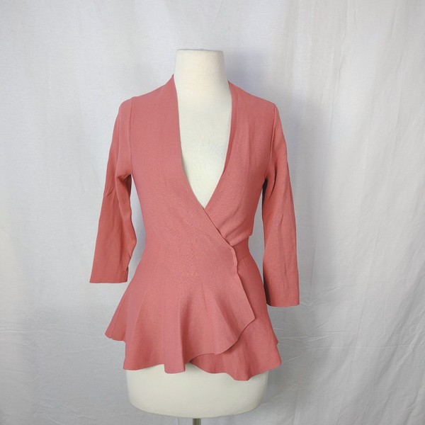Portmans Womens Peplum Wrap Top Size XS Crepe Knit Waist Tie Long Sleeves