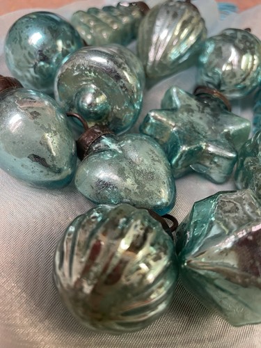 Set of 12 Kugel Style Mercury Glass Christmas Ornaments Blue Teal Shapes Vintage - Picture 3 of 7