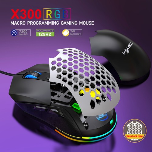 HXSJ X300 RGB Wired Gaming Mouse 7200DPI Macro Programmable 6-Button