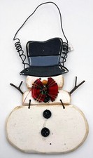 Primitive Style Snowman w/ Bow Hat Wood Dangling Christmas Ornament 5"