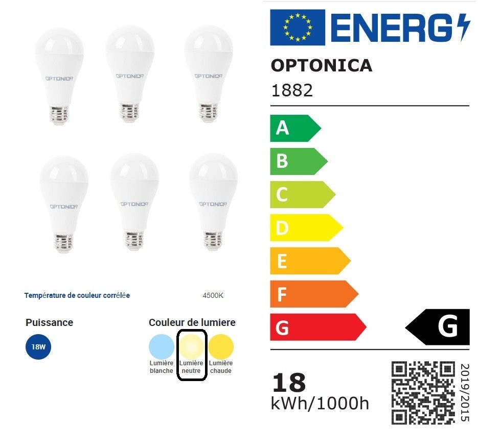 Ampoule LED E27 18W 220V pack 6 lampes blanc neutre 4500K éclairage intérieur