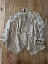 Chico's Blazer Size 2 US size L 12 Open Front Jacket Beige Tan Lace Lagenlook