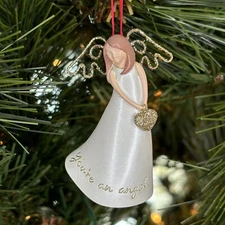 Vintage ‘You’re An Angel’ Christmas Ornament White Ceramic Glitter Gold Heart