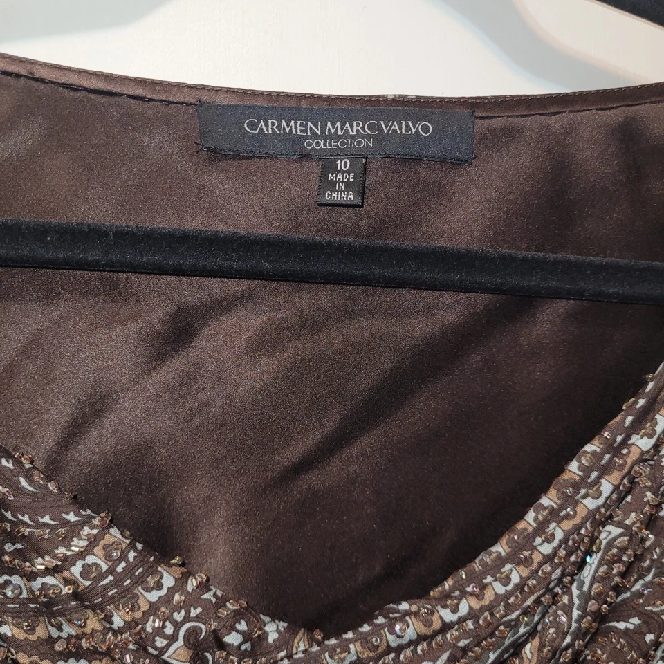 Blusa para mujer Carmen Marc Valvo con cuentas de seda 10 marrón azul drapeado cuello forrado Foto 3 de 4