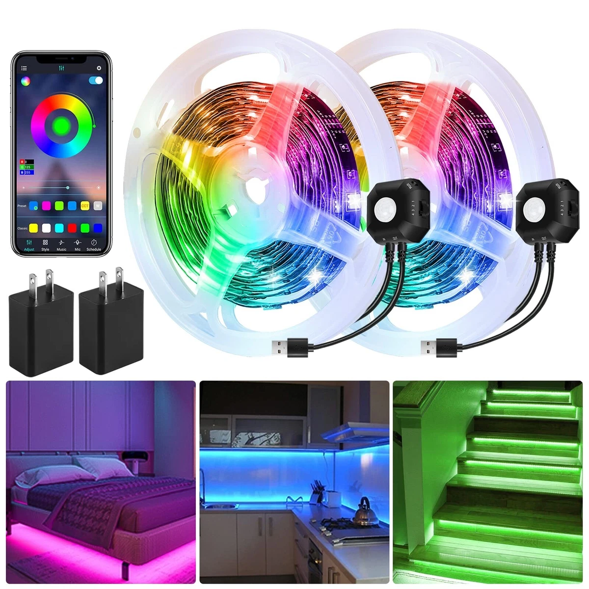 Motion Activated Under Bed Light Strips 2x9.8ft RGB Motion Sensor