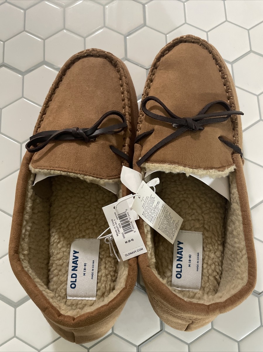 OLD NAVY-BROWN-FAUX LEATHER-Sherpa LINED-MOCCASIN SLIPPERS-Men's