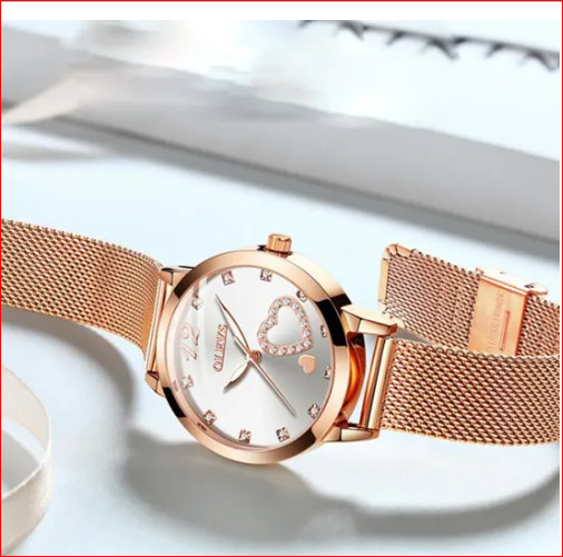 Montre Olevs femme or rose avec motif coeur en diamant et bracelet etanche acier inoxydable