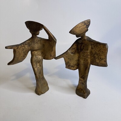 VINTAGE SET OF 2 HEAVY METAL GOLD PAINTED  MID CENTURY JAPANESE GEISHA STATUE 7''