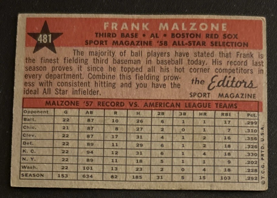 Tarjeta de béisbol 1958 Topps Frank Malzone All-Star Selection #481 Red Sox 3B PR O/C Foto 2 de 2