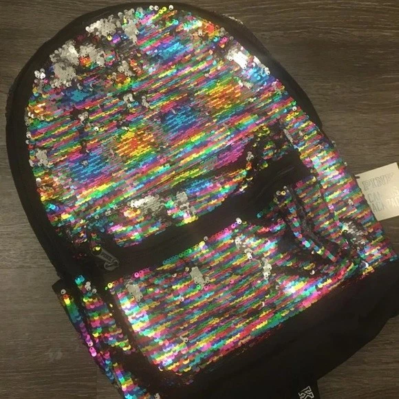 Victoria Secret ROSA Arco Iris Lentejuelas Bling Campus Mochila Viaje Equipaje de Mano Escuela Foto 4 de 4