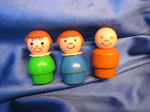 3  VINTAGE FISHER-PRICE LITTLE PEOPLE FIGURE, GREEN & BLUE GIRL, WOOD ORANGE BOY