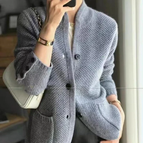 Top de lana de invierno para mujer cárdigan suéter de cachemir manga larga cuello alto suéter - Imagen 12 de 27