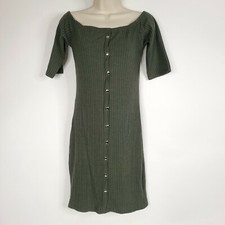 Womens Dress Bodycon Medium Green Off The Shoulders Short Sleeve Stretch Ribbed 