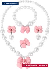 Princess Jewelry for Little Girls, Handmade Bow Pearl Kids Jewelry Set, Stretch