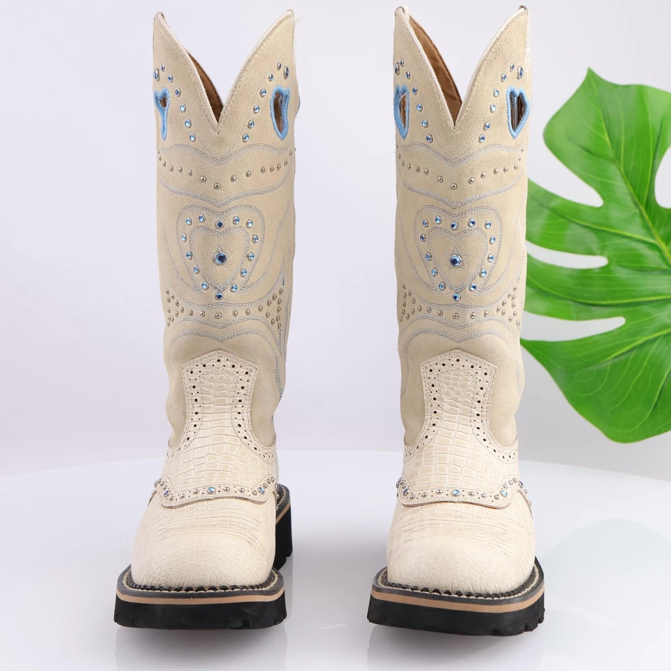 Botas occidentales Ariat Baby Buck para mujer talla 6,5 altas hueso blanco cocodrilo tachonado Y2K Foto 2 de 4