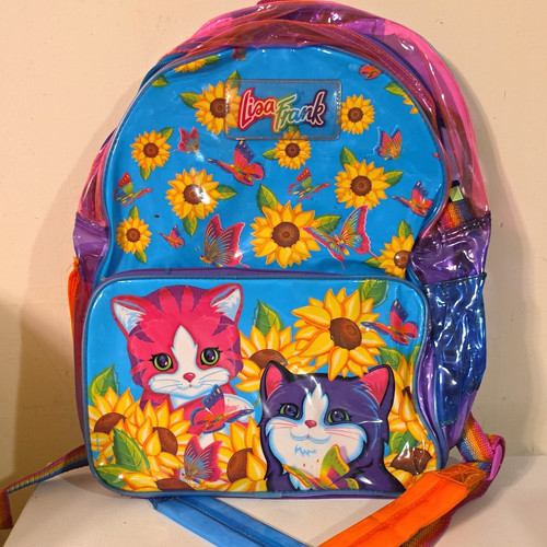 Lisa Frank Girls Backpack Cat Floral Butterfly Blue Zip Outer Pockets vintage
