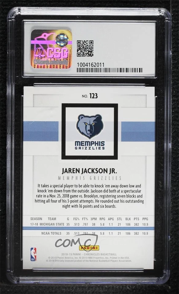 2018-19 Chronicles Panini Jaren Jackson Jr #123 CSG 10 Pristine Rookie RC - Image 2 of 2
