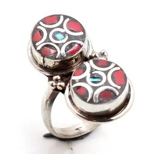 Tibetan Turquoise Coral Handmade Bohemian Jewelry Nepali Adjustable Ring SR 3065