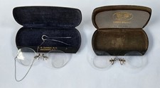 2 Antique Eyeglasses Spectacles Pince Nez Gold With Hair Pin With Case