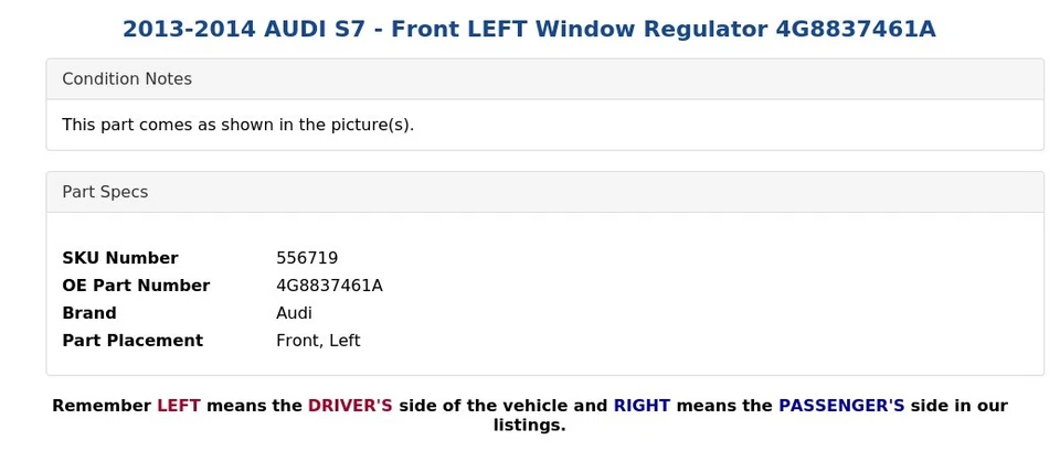 2013-2014 AUDI S7 - передний левый регулятор окна 4G8837461A - Изображение 4 из 4
