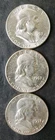 1957 (P), (P), and D 50c Franklin Silver Half Dollars