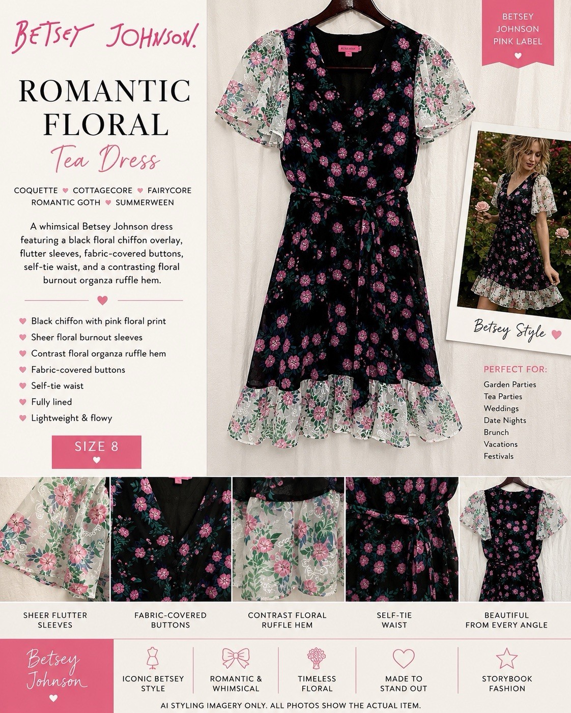 Vestido de té floral Betsey Johnson Coqueta Cottagecore Fairycore Talla 8 Fairycore