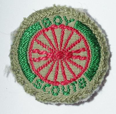 Pfadfinder Radsport Eignungsabzeichen Patch gewebt khaki 16 Speichen 40er Vintage