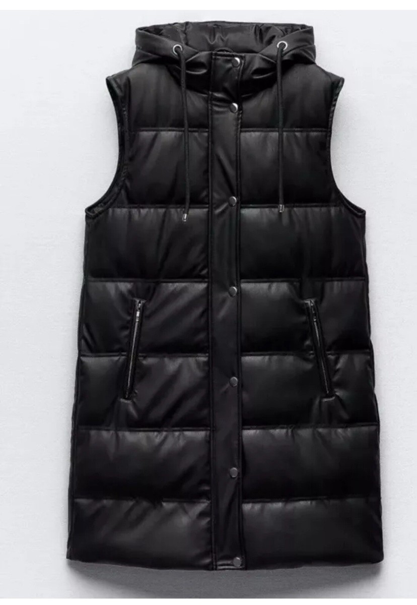 ZARA NEW WOMAN FAUX LEATHER PUFFER GILET HOODED VEST BLACK SIZE S