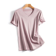 Casual Women Premium Basic Tee T-Shirt Silk Short Sleeve V Neck Solid Top Tee