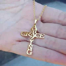 Stainless Steel Amazing Grace Cross Necklace - Gold, Christian Faith, Church