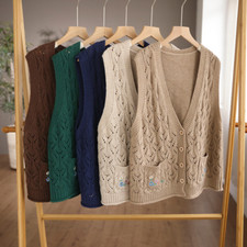 Women Knit Vest Hollow-out Tank Sleeveless Embroidered Cardigan Gilet Sweater