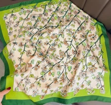 100% Mulberry Silk 27" Square Women Scarf Neckerchief Wrap Vintage Green Flowers