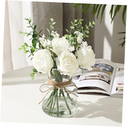 Artificial Flowers in Vase with Faux Water, 15'' Silk Roses and White