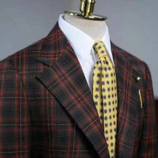 Burgundy Plaid Men Suit Notch lapel Blazer Formal Party Prom Tuxedo Wedding Suit