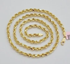 14k Yellow Gold Rope Chain Necklace 20 Inch 4mm Diamond Cut, Real 14kt SOLID