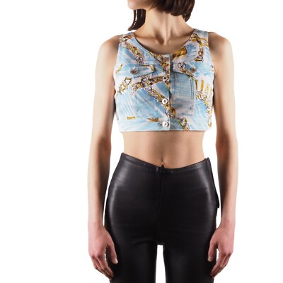 MOSCHINO Couture Women's Blue Gold Denim Crop Top Jacket Vest size IT 42  US