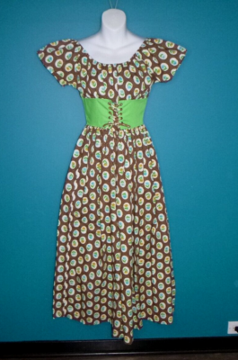 Vtg 60s 70s Corset Lace Up Maxi Dress Brown Green Aqua Floral Sz XS/S | eBay