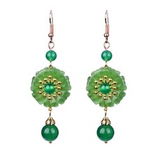 Green Jade Flower Earrings 925 Silver Jewelry Carved Women Natural Charms Drop