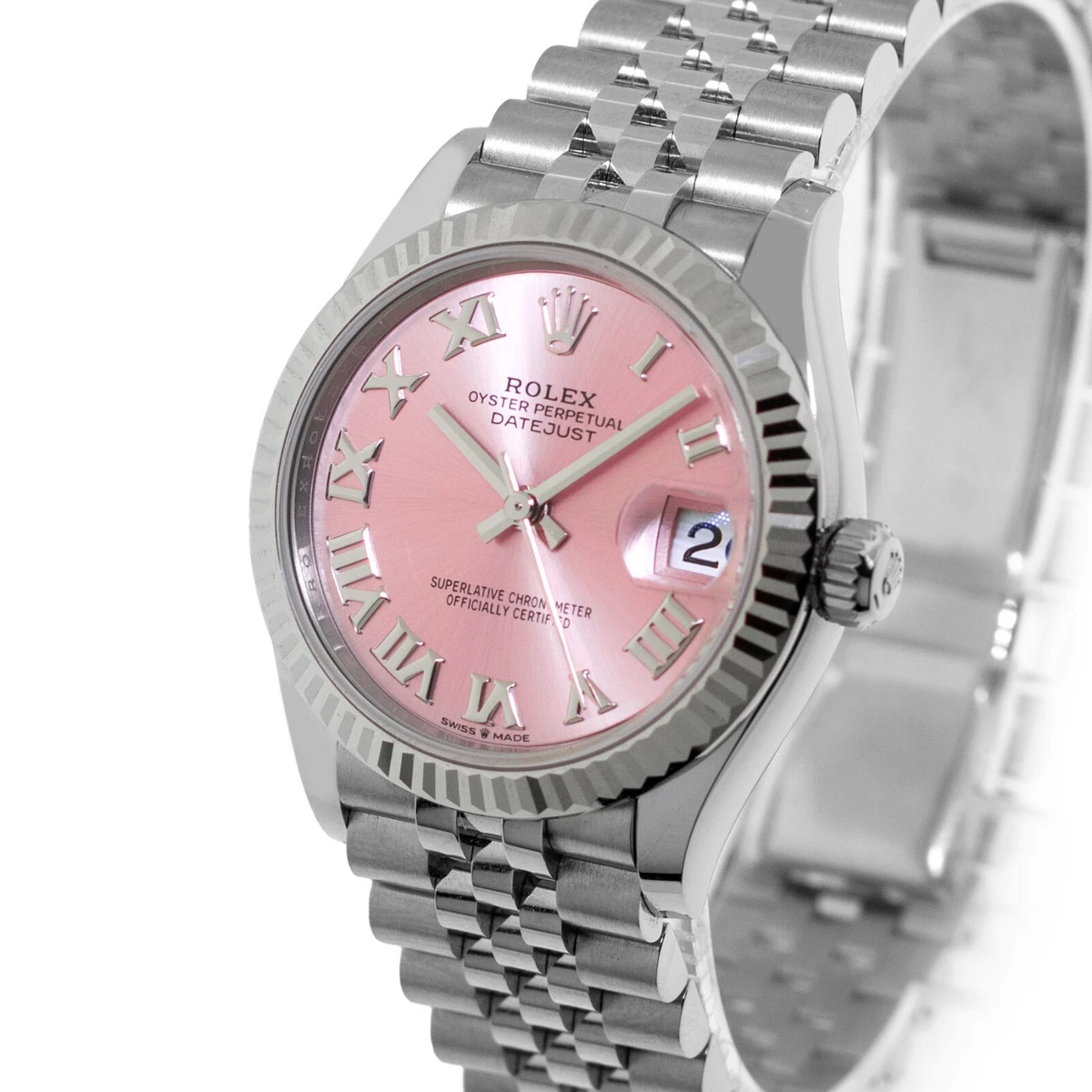Rolex Datejust 31mm White Gold and Steel Pink Roman Dial Fluted