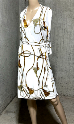 Gucci Vintage Horsebit Logo Print White Gold Wrap Dress IT 40 42 US 4 6 / MEDIUM Gucci Vintage Horsebit Logo Print White Gold Wrap Dress IT 40 42 US 4 6 / MEDIUM