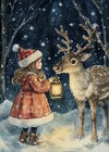 Print ACEO Art Card Christmas Tree Girl Lantern Reindeer Winter Limited Edition