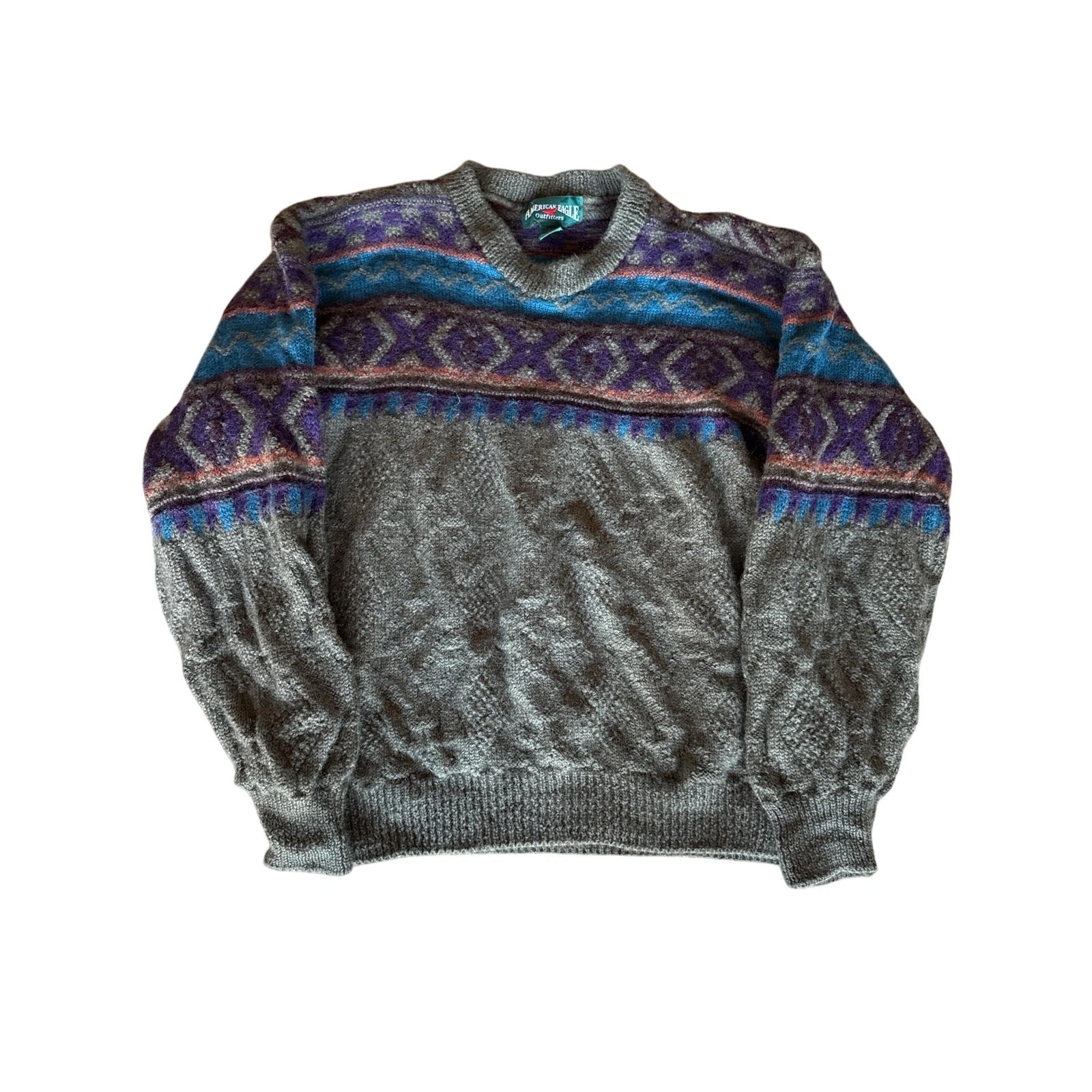Vintage American Eagle Outfitters USA Made L Wool Green Blue Purple Sweater