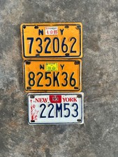 3 VINTAGE NEW YORK  MOTORCYCLE PLATES 1 LIBERTY 2 ORANGE