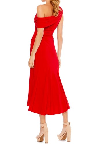 Ieena Mac Duggal 26484 Foldover Ruched One-Shoulder Chiffon Midi Dress SZ 8 Red - Picture 2 of 2