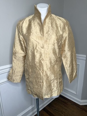 Eileen Fisher Gold Crinkle Blouse Jacket Size XS 100% Silk Collared Neckline I