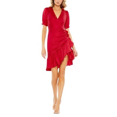 Mac Duggal 26928 Red Cocktail Dress Satin Short Sleeve High Low Mini Wrap Size 6