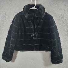 BLANKNYC Womens Black Faux Fur Ribbed Cropped Jacket Size S