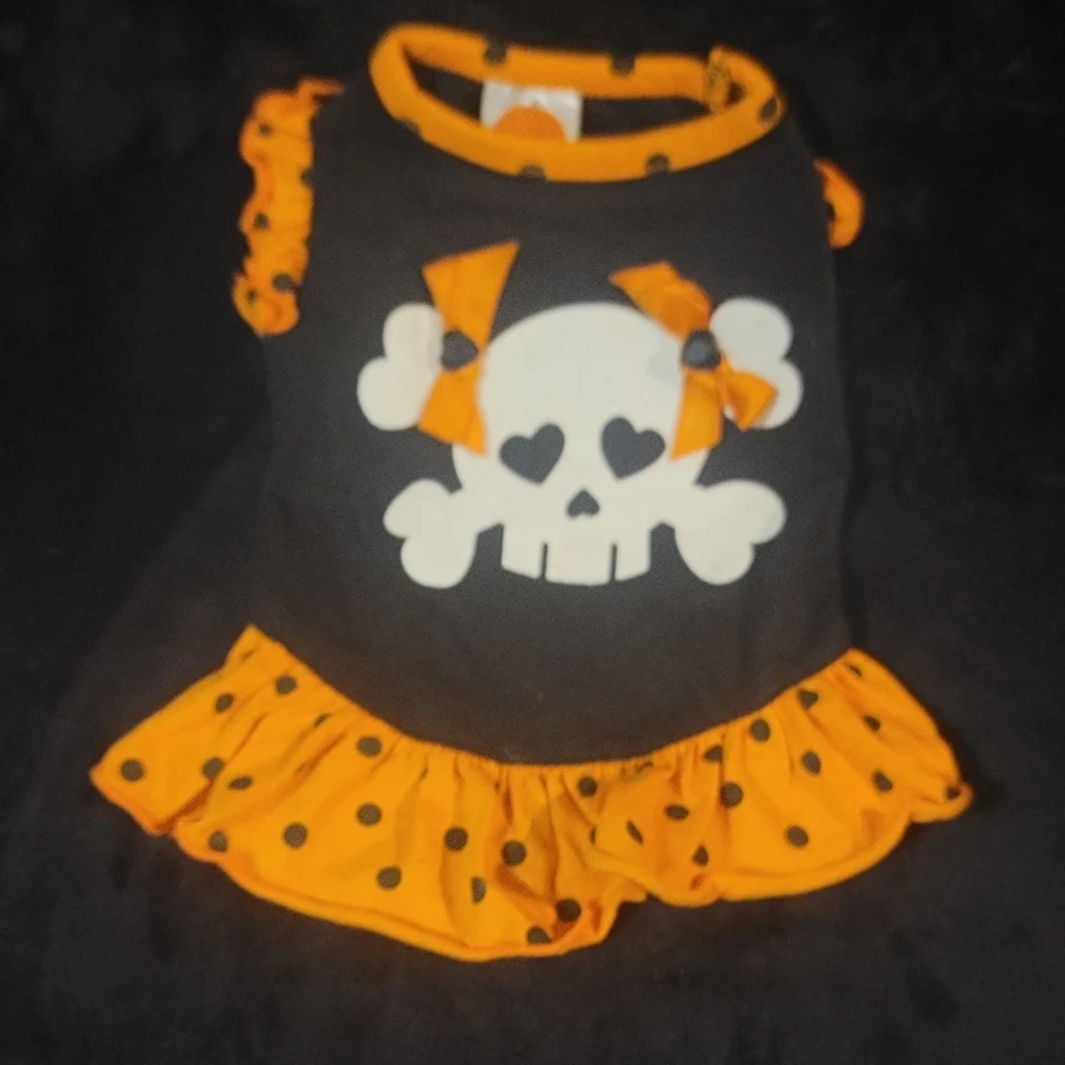 Adorable Vestido Naranja y Negro Pokadot, Calavera y Huesos Cruzados Con Lazos Perro Talla Xs Foto 4 de 4